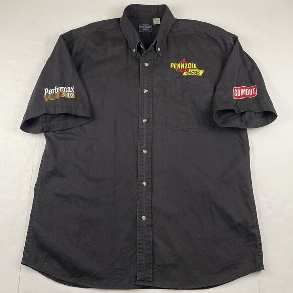 Pennzoil Racing Button Up Shirt Men’s L Short Sleeve Logo Performax 100 Black - Picture 2 of 9